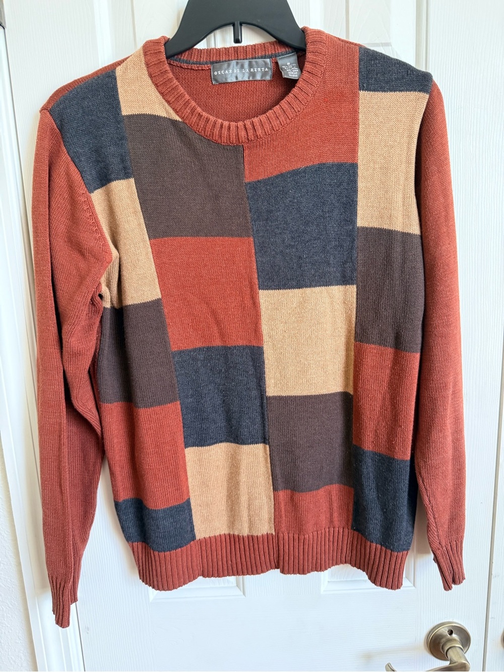 Oscar de la Renta Rust, Charcoal, Brown & Tan Colorblock Crewneck